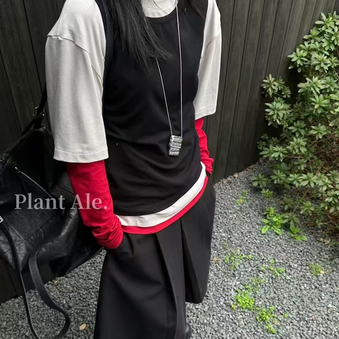 现货折扣一潮范撞色长袖t恤三件套一高克重人棉修身显瘦叠穿上衣