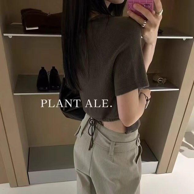 现货秒发一PlantAle韩系后绑带休闲针织T全羊毛短袖上衣女5007
