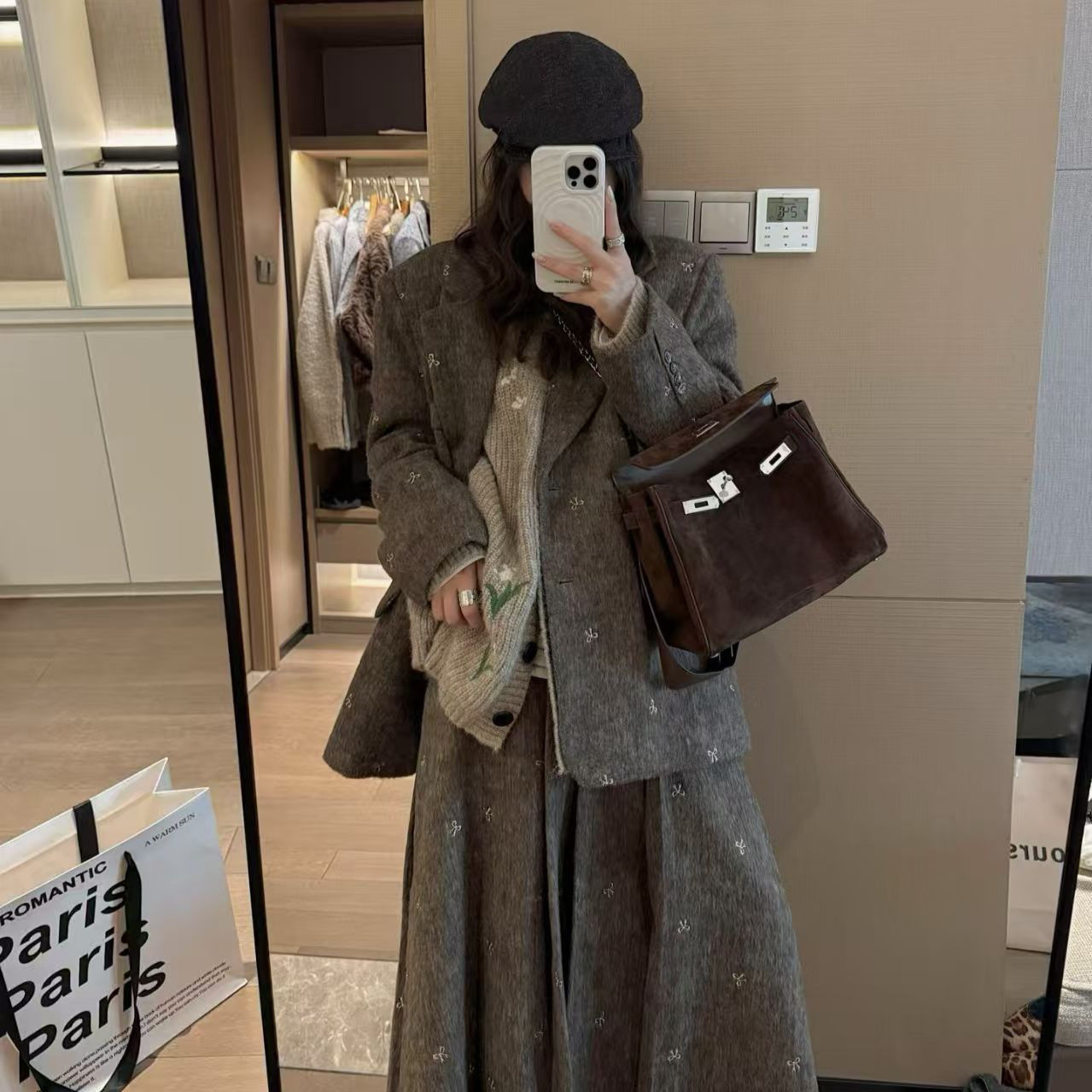 法式复古蝴蝶结刺绣西装领毛呢外套一羊毛呢冬款西装加棉加厚5183