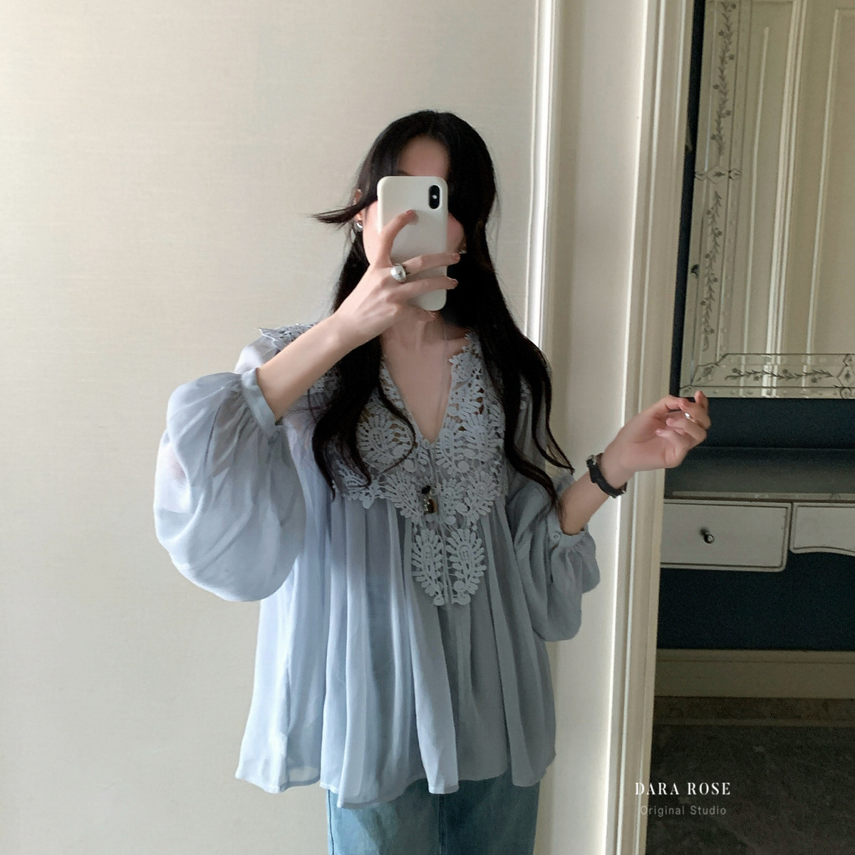 26年春款一DARA ROSE-超美重工蕾丝灯笼袖温柔雪纺小衫/配送吊带