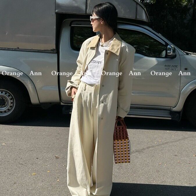 韩版POLO领拼色中长款风衣~休闲小翻领个子加长版春装外套0494