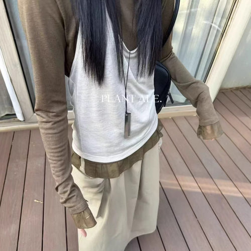韩系慵懒挂脖背心两件套长袖T恤