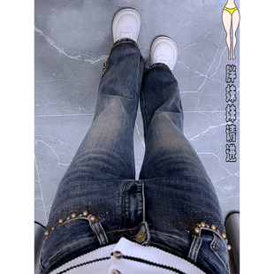 重工镶钻秋冬新款牛仔马蹄裤女大码弹力开叉复古加绒微喇叭裤