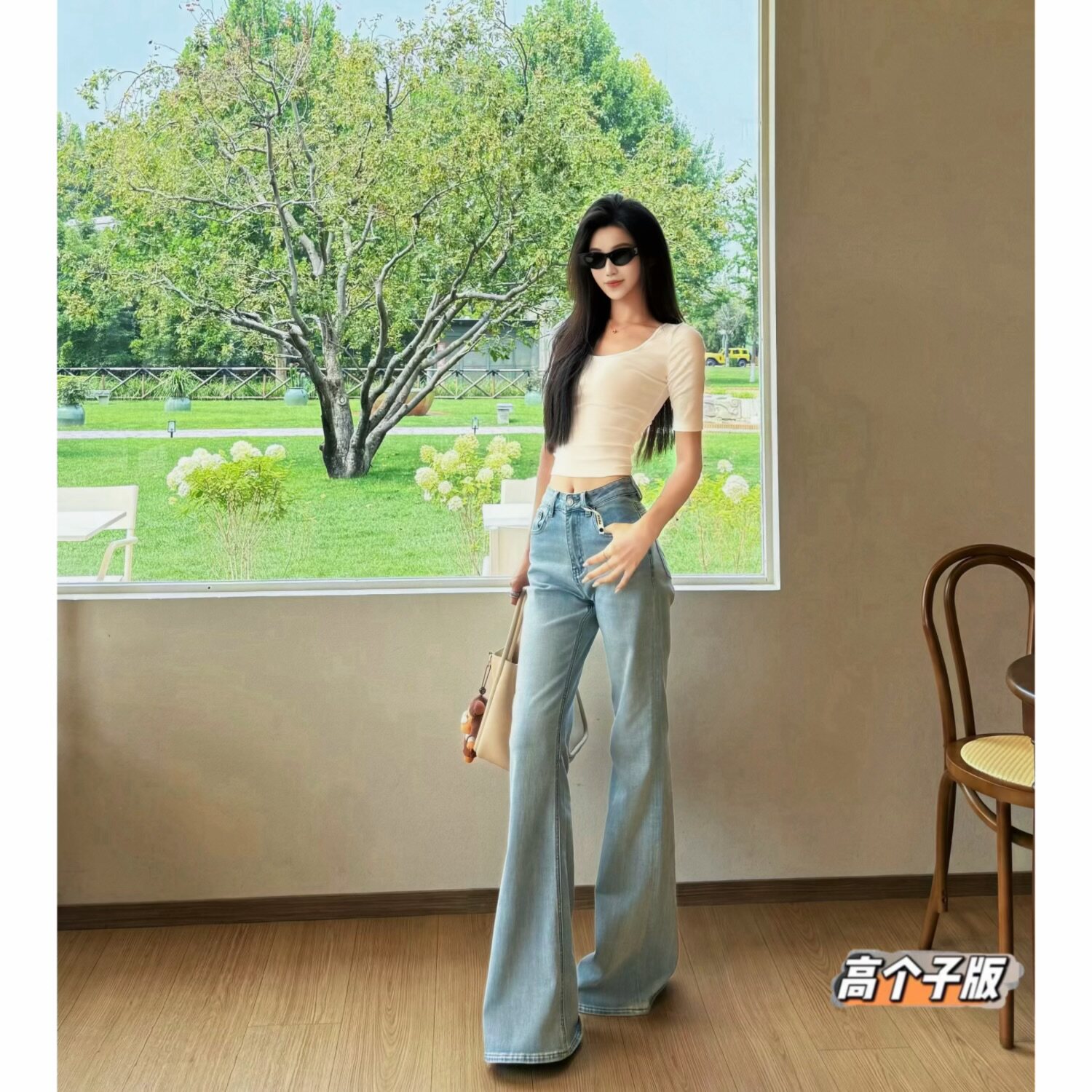 猫猫家加长女裤高个子秋冬浅蓝色不贴腿微喇牛仔裤美式直筒喇叭裤