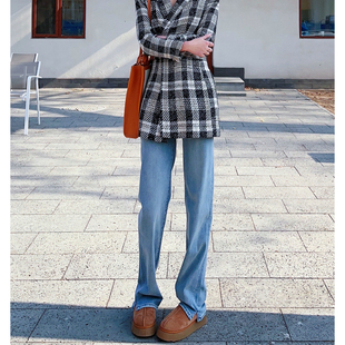 春季 阔腿裤 做旧蓝 女宽松窄版 水洗柔软直筒牛仔裤 猫猫家加长女裤