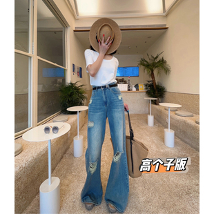 猫猫家加长女裤 高个子复古破洞牛仔裤 夏季 微喇宽松蓝色高腰阔腿裤