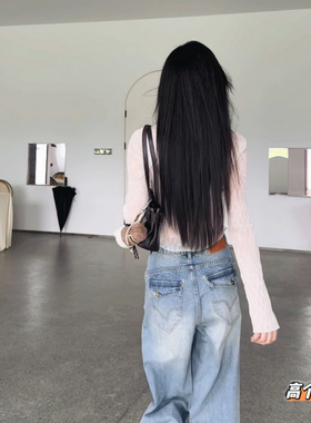 猫猫家加长女裤春夏浅色阔腿牛仔裤美式复古宽松裤子高腰拖地裤女