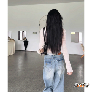 猫猫家加长女裤秋冬浅色阔腿牛仔裤美式复古宽松裤子高腰拖地裤女