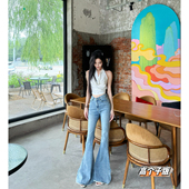 显瘦休闲裤 猫猫家加长女裤 浅蓝色微喇叭高腰牛仔裤 女修身 夏季 薄款