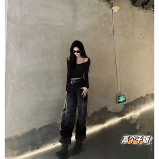 猫猫家加长女裤高个子春夏新款宽松高腰显瘦满天星烫钻阔腿牛仔裤