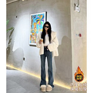 猫猫家加长女裤秋冬加绒加厚怀旧蓝窄版直筒高个子女高腰显瘦长裤