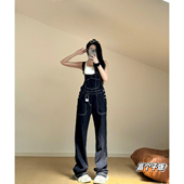 立体剪裁春夏高级原色直筒牛仔背带裤 猫猫家加长女裤 帅气重工工装