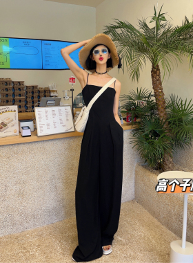 猫猫家加长女裤黑色吊带连体裤夏慵懒风宽松休闲连衣裤垂感阔腿裤