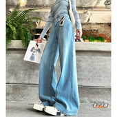 四面弹力复古宽松高腰直筒拖地阔腿牛仔裤 猫猫家加长女裤 秋冬新款