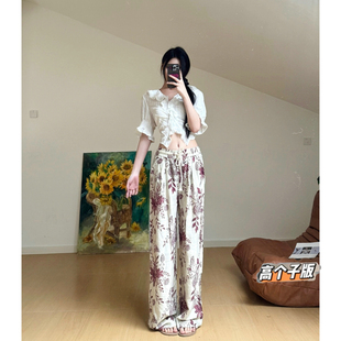 女高腰显瘦休闲直筒裤 猫猫家加长女裤 复古文艺印花阔腿裤 夏季 新款