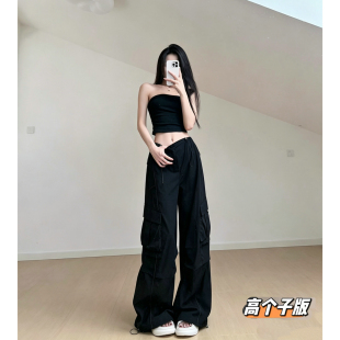 猫猫家加长女裤高个子夏季黑色速干休闲工装裤女褶皱抽绳阔腿长裤