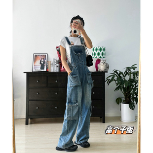 猫猫家加长女裤背带牛仔裤春夏复古工装裤宽松直筒阔腿裤显瘦长裤