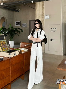 猫猫家加长女裤春夏高个子白色不贴腿微喇牛仔裤女宽松阔腿喇叭裤