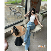 四面弹力美式 复古直筒牛仔裤 女浅蓝修身 猫猫家加长女裤 微喇拖地裤