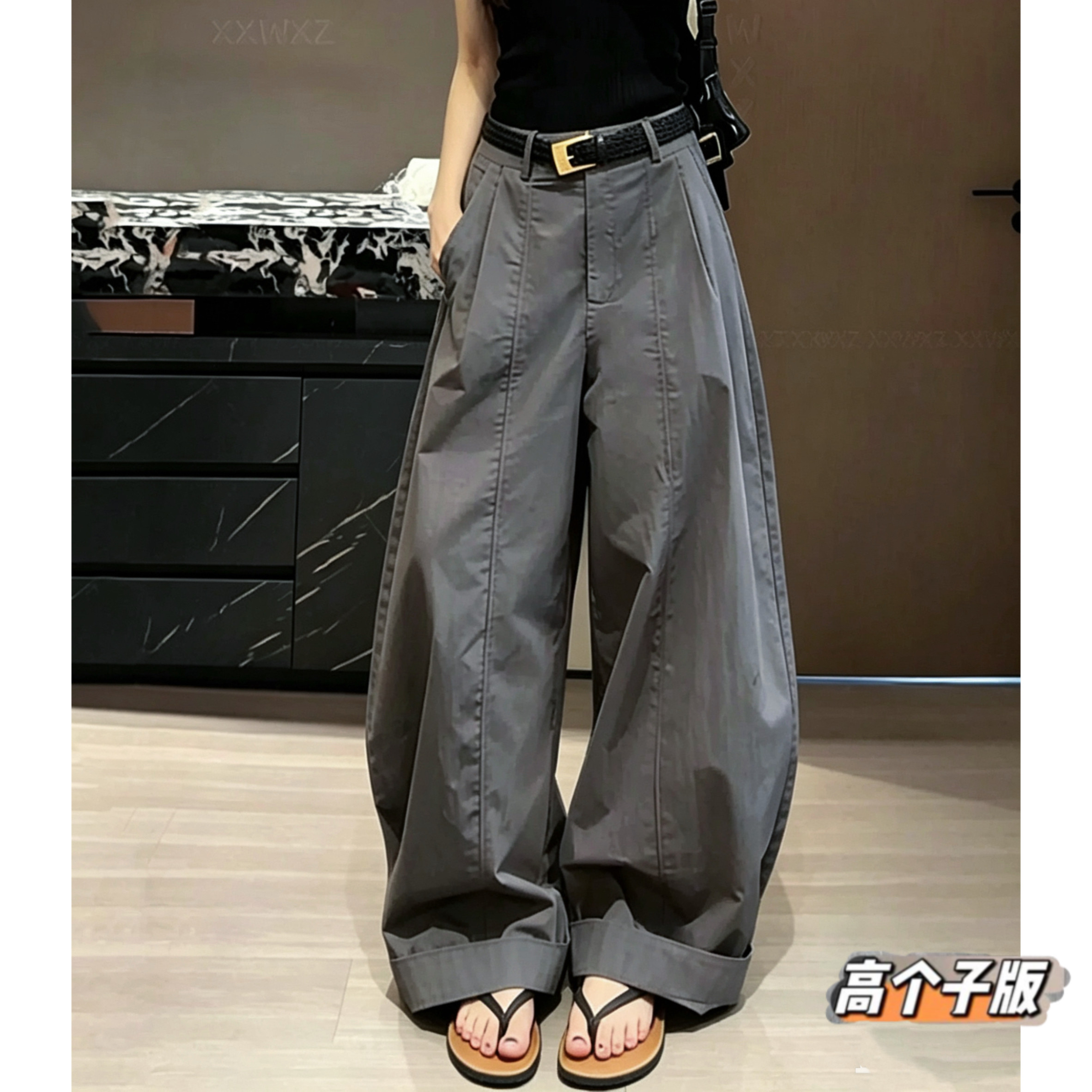 猫猫家加长女裤灰色裤子夏薄款2026新款设计感超好看高腰工装弯刀图片