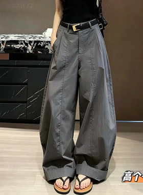 猫猫家加长女裤灰色裤子夏薄款2026新款设计感超好看高腰工装弯刀