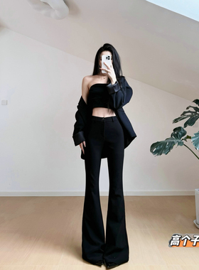 猫猫家加长女裤春夏高个子显身材黑色蕾丝微喇裤高腰紧身休闲长裤