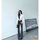 猫猫家加长女裤 高腰显瘦弹力喇叭裤 秋冬美式 复古烟灰色微喇牛仔裤