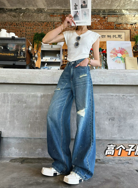 猫猫家加长女裤春夏复古街头风破洞牛仔裤女高腰显瘦直筒裤拖地裤