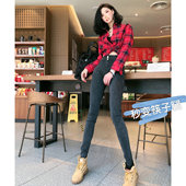 猫猫家高腰牛仔裤 女高个子加长春秋显瘦气质黑色紧身小脚铅笔裤 潮