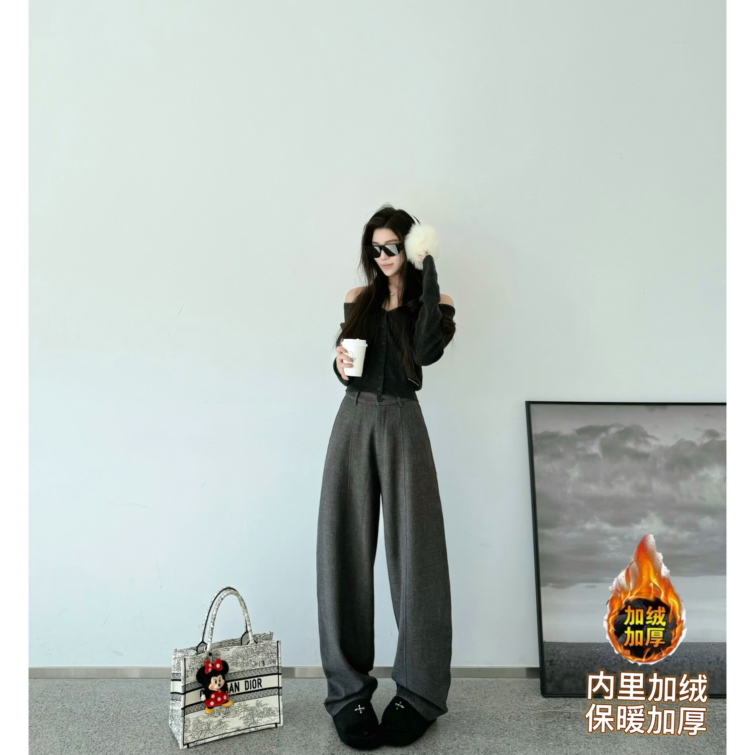 高腰原创猫猫家长裤加长女裤