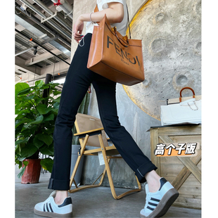 猫猫家加长女裤高个子黑色显瘦牛仔裤秋冬弹力高腰九分直筒烟管裤