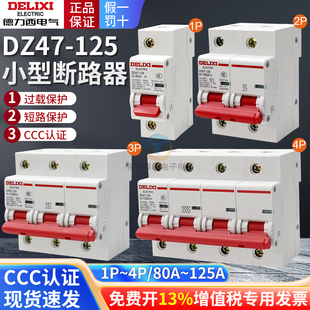 德力西小型断路器DZ47空气开关D型80A 100A 125A家用2P大功率空开