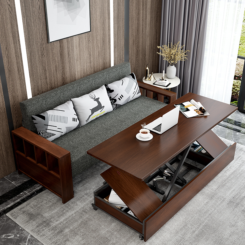 实木折叠沙发床两用升降茶几一体
