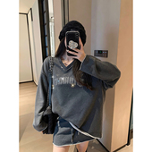 深灰色字母烫钻毛边v领卫衣 清仓 半身裙套装 特价