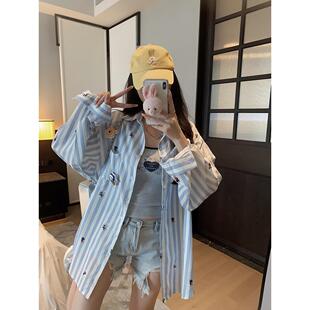 庄大泥 蓝色条纹米老鼠卡通薄款防晒衬衫女