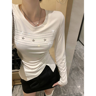 烫钻星星长袖 清仓no退 不规则褶皱修身