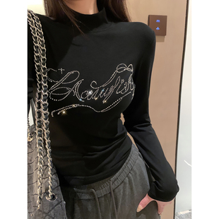 黑色烫钻字母半高领软糯薄绒长袖 打底衫