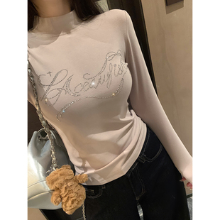 打底衫 庄大泥 奶茶波波烫钻字母半高领软糯长袖