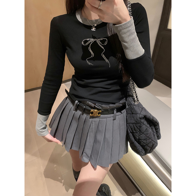 庄大泥 黑灰拼接烫钻蝴蝶结长袖