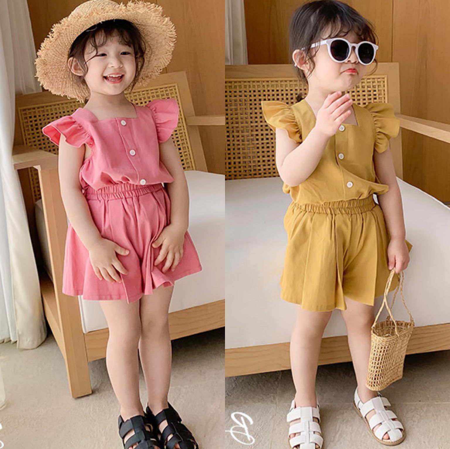 儿童甜美套装女童夏天飞袖上衣+短裤两件套3-8岁童装
