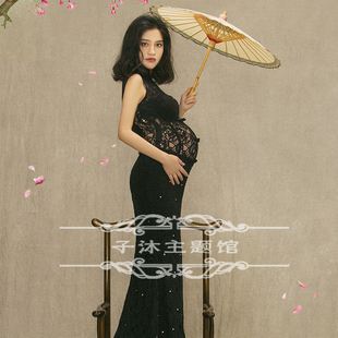 154黑色摩登拖尾蕾丝长裙礼服孕妇拍照摄影楼写真艺术照主题服装
