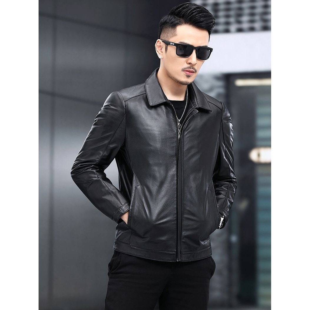 进口中年都市拉链翻领头层胎牛皮真皮皮衣男海宁休闲皮夹克纯牛皮