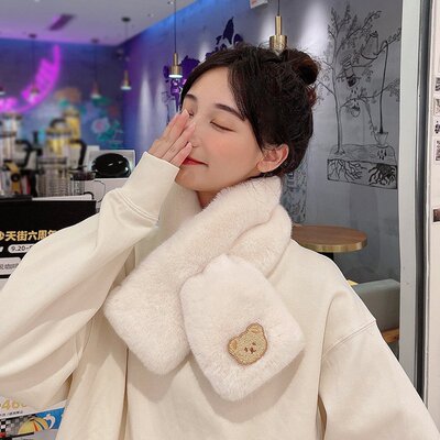 进口秋冬珍珠毛毛绒围脖女可爱刺绣立体交叉加厚仿皮草獭兔毛围巾