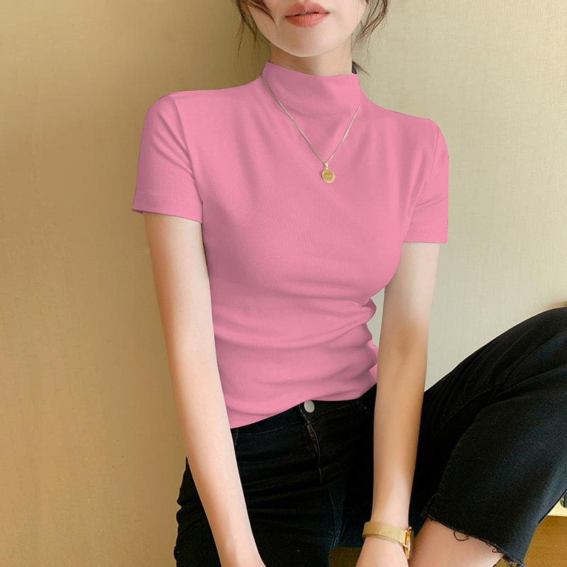 粉色半高领纯棉短袖t恤女内搭2025夏季新款修身纯色百搭打底上衣