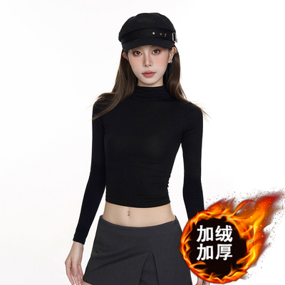黑色半高领加绒打底衫女长袖上衣