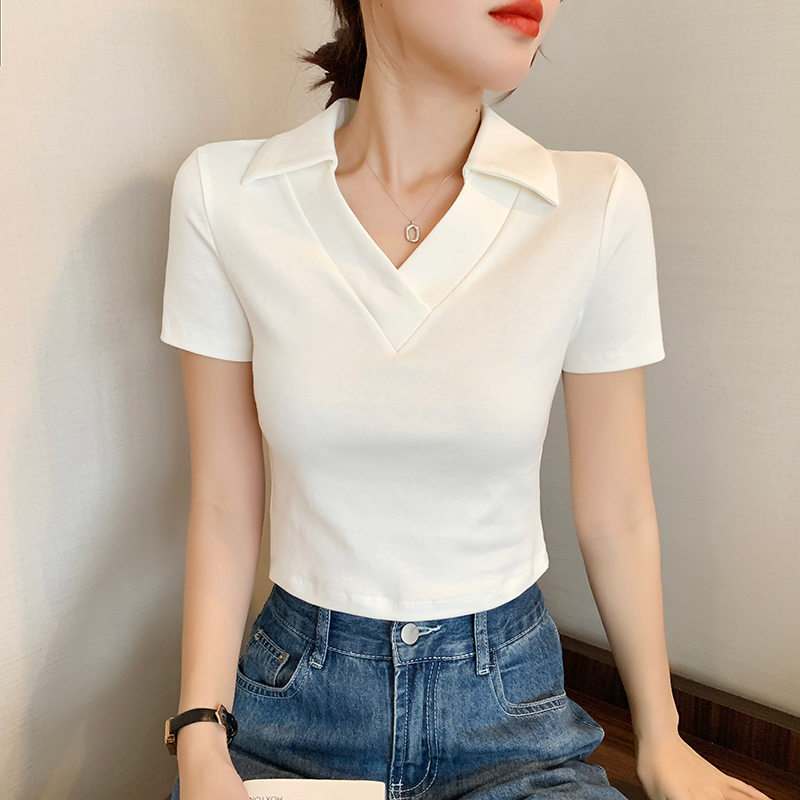 白色polo短袖t恤女V领夏季内搭