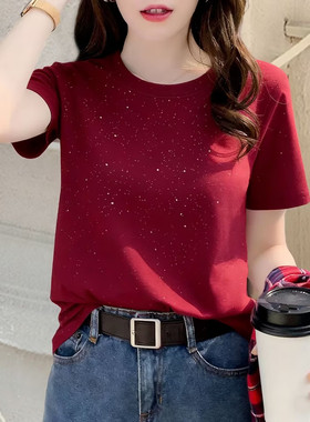 安可拉红色短袖T恤女2026夏季时髦新款满天星砖宽松百搭正肩上衣