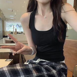 方领修身纯黑色背心女内搭夏季辣妹外穿无袖T恤吊带打底衫短上衣