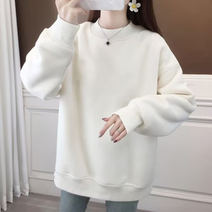 纯白色卫衣女圆领无帽宽松春秋冬加绒加厚休闲大码微胖mm衣服上衣