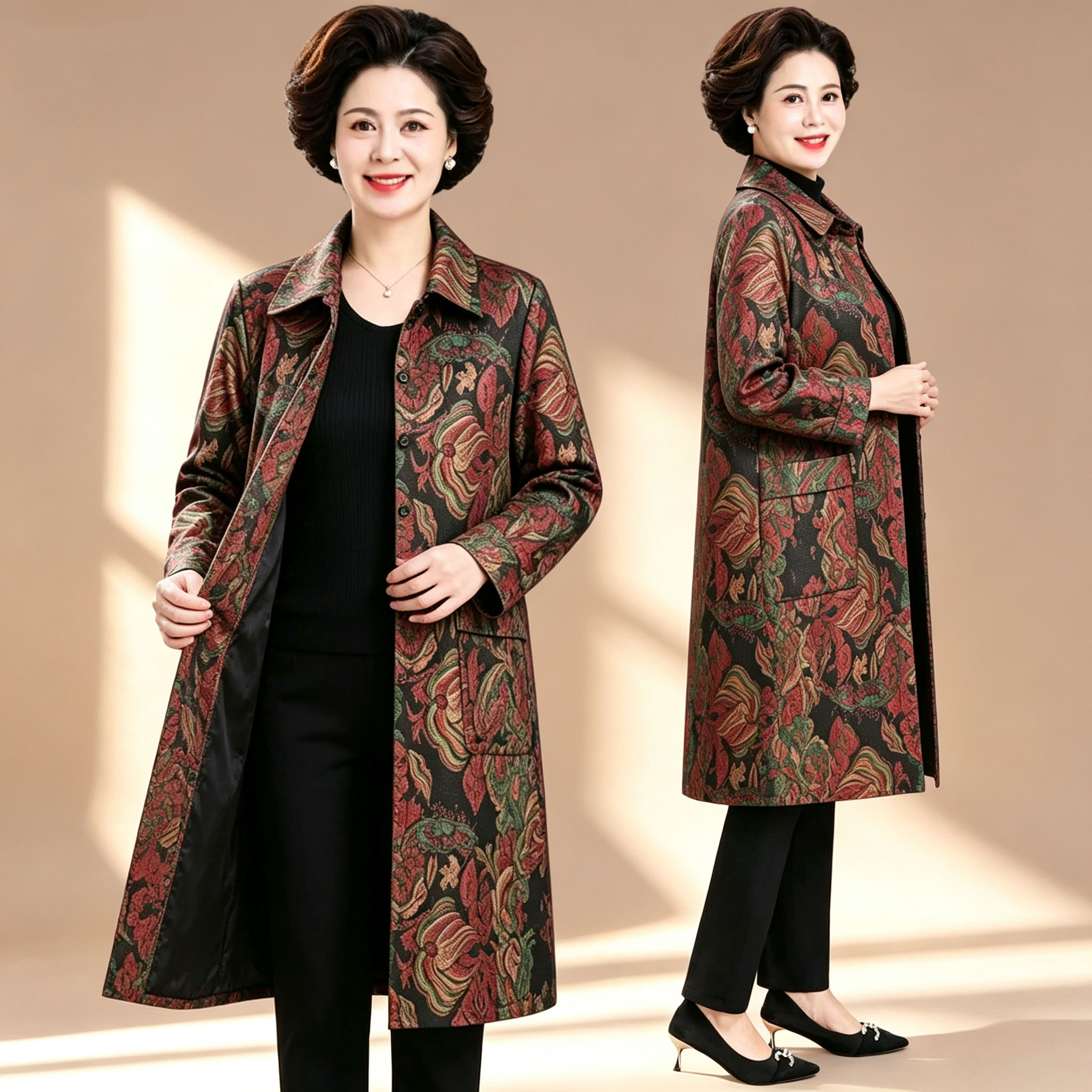 2026秋季新款印花外套女中长款风衣中老年妈妈装显瘦大码休闲开衫